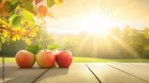 Empty wooden table top with rfkred apples on blurred apple orchard in the background on sunny day, suitable for product display, presentation and design, eco gardening concept