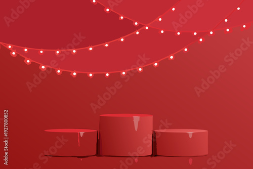 Minimalist red stage with illuminated string lights and cylindrical platforms
