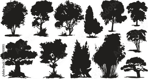 Collection of black tree silhouettes with varied foliage and trunk shapes on a white background