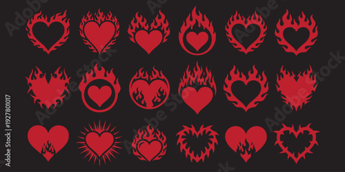 Collection of various red flaming heart icons and fire symbols on black background for passion and love vector illustration