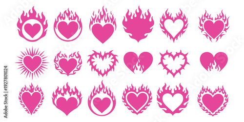 Set of pink flaming heart icons in y2k aesthetic style for trendy streetwear and tattoo design vector illustration