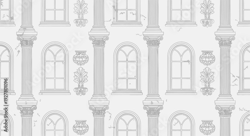 Seamless pattern of classical architectural elements, columns and windows.