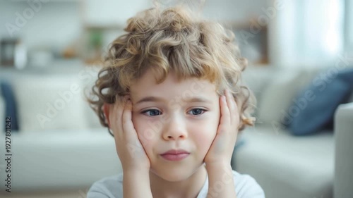 sad little boy 5 years old suffers from pain and inflammation in his ear. home interior with copy space. Concept of ear pain in children.