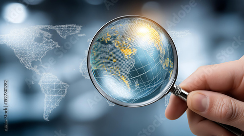 Wallpaper Mural Magnifying glass held over a glowing world map wireframe, global SEO concept, international search engine optimization, worldwide digital marketing, geographic targeting, global online Torontodigital.ca
