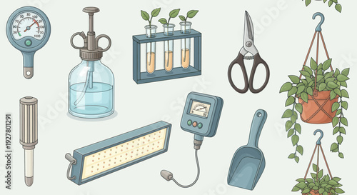 Illustration of gardening and science equipment for plants