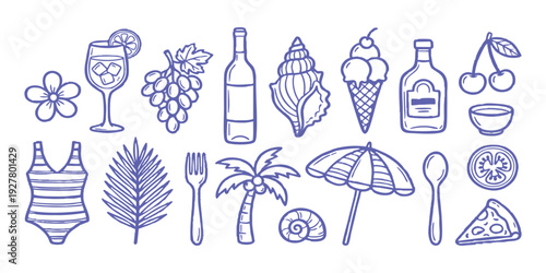 Hand drawn summer vacation icons set with beach food and travel elements in blue sketch style vector illustration