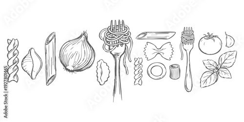 Hand drawn italian pasta and ingredients sketch vector illustration featuring spaghetti on a fork with tomato and basil