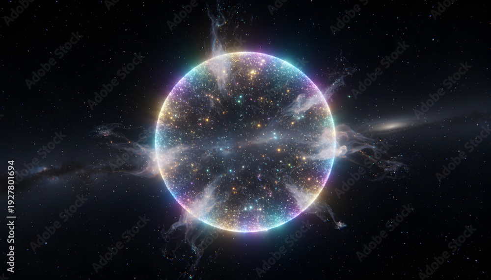 Fototapeta premium Vibrant Cosmic Sphere Floating in Starry Space with Ethereal Glow