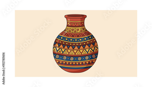 Vibrant clay vase with intricate geometric patterns and colorful designs