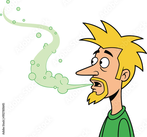 Cartoon Character Man with Bad Breath and Green Odor Cloud Emitting from His Mouth Representing Halitosis and Dental Hygiene Issues