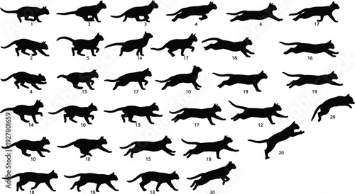 Black cat silhouettes set featuring various frames of a feline running and jumping isolated on white background for animation and pet design projects