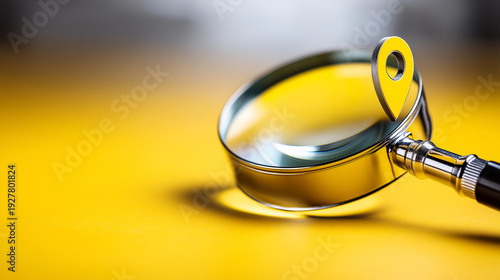 Magnifying glass placed on a yellow background next to the text 'LOCAL SEO' with a location pin icon, local business optimization, Google Maps ranking, geo-targeted search, neighborhood