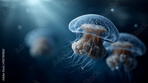 Wallpaper Mural Jellyfish drifting underwater in blue ocean illuminated by soft sunlight. Torontodigital.ca