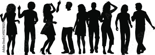 Group of dancing people silhouettes in various poses isolated on white background, party, music and nightlife vector illustration set