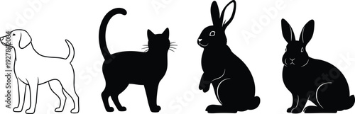 Black and white vector silhouettes of domestic pets including a dog, cat, and two rabbits, isolated on white background icons