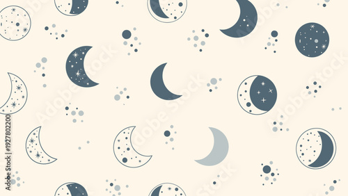 Celestial Crescent Moon and Stars Seamless Pattern on Cream Background