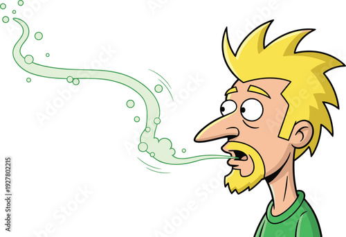 Cartoon man blowing smelly green breath with disgusted expression isolated on white background illustration