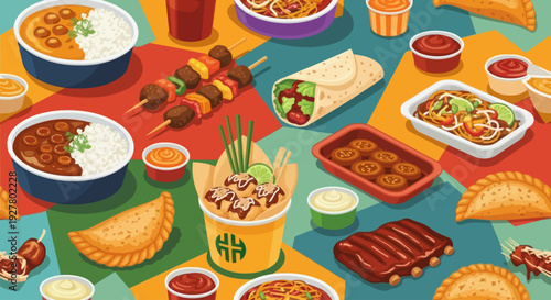 Assortment of diverse street food and fast food dishes