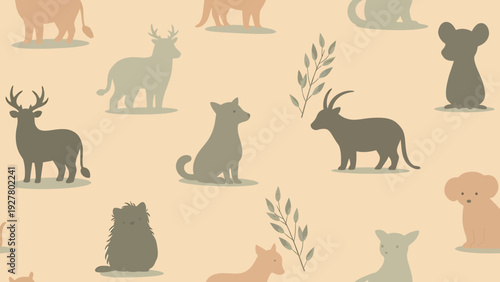 Cute Animal Silhouettes Seamless Pattern, Boho Style, Baby Animals Collection