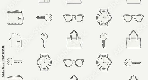 Seamless pattern of essential everyday items in outline style.