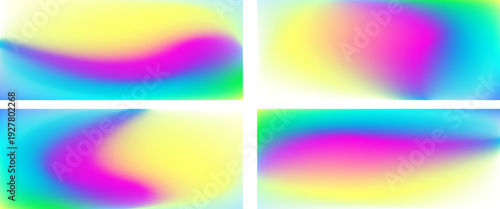 Neon hologram gradient set. Abstract reamlike aura Y2K futuristic holographic background. Vector blur rainbow gradation banners. Abstract vaporwave mesh bg. Bright color fluid glow texture backdrops