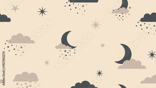Cute Moon and Stars Seamless Pattern, Celestial Night Sky Background