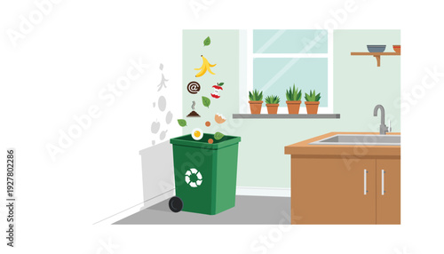 Green recycling bin with food waste in modern kitchen