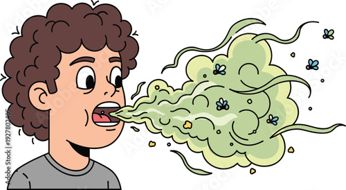 Cartoon man with bad breath blowing smelly green cloud with flies, humorous hygiene concept illustration isolated on white background