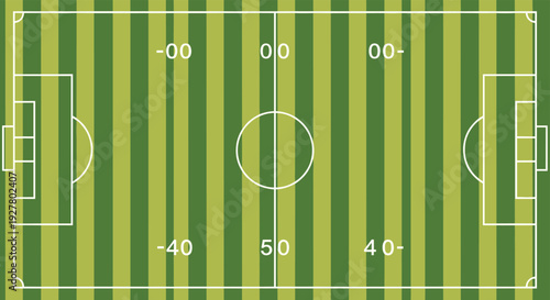 American football field top view illustration shows a green grassy surface with white yard lines and end zone markings for sports.