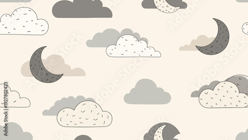 Seamless Pattern of Clouds and Crescent Moons on Creamy Background