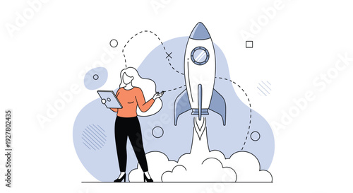 Creative professional woman uses a digital tablet to launch a space rocket representing a successful startup and business growth.