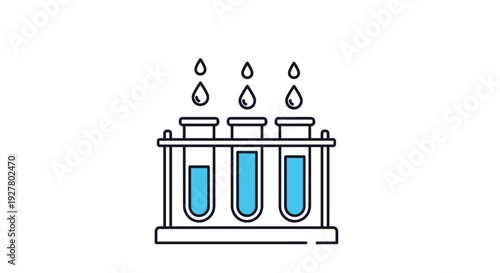 Laboratory equipment featuring three test tubes filled with blue liquid and water drops above them signifies scientific research.