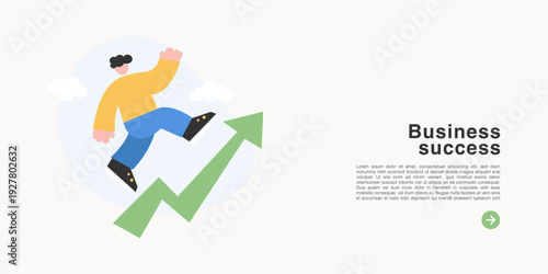 Business success banner with man jumping on growth arrow celebrating achievement and goal reaching. Flat design vector illustration template for success and growth concepts.