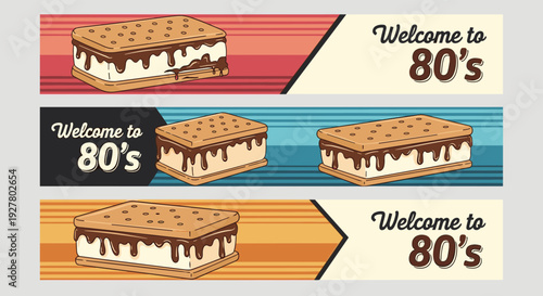 Vintage style banners for an eighties themed event feature delicious ice cream sandwiches and retro typography on colorful strips.