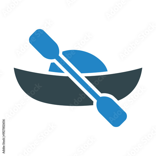 Blue vector of a canoe with a paddle resting diagonally across the boat