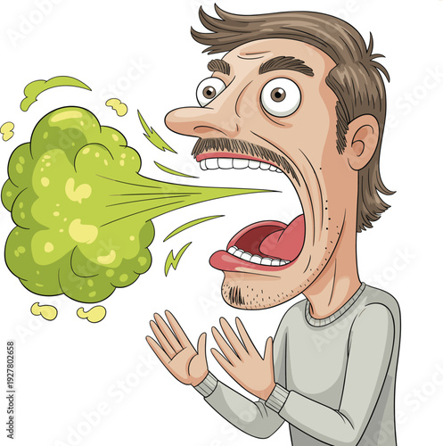 Cartoon man with mustache exhaling foul green breath cloud, halitosis and poor oral hygiene concept illustration