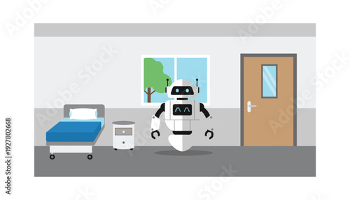 Robot in modern hospital room with bed and window