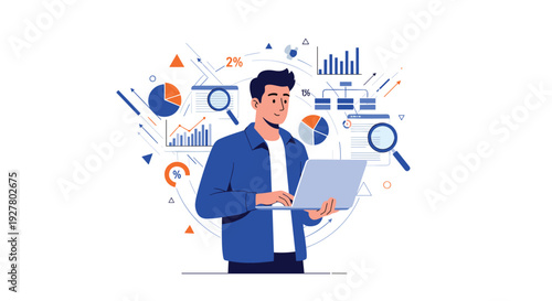 Data scientist working on a laptop is surrounded by various charts and infographics representing digital marketing and analytics.