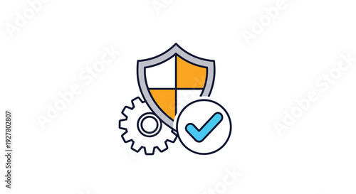 Cyber security icon set includes a shield, gear, and checkmark to represent data protection, safety, and secure system management.