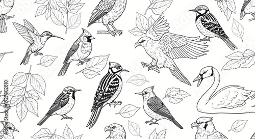 Seamless pattern of various birds and leaves in sketch style.