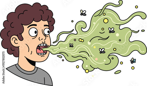 Cartoon man with severe bad breath blowing smelly green cloud with flies, humorous hygiene concept isolated on white background