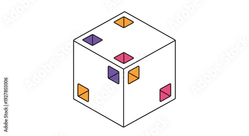 Abstract white isometric cube features several colorful square openings on its faces representing complex structures or design modules.