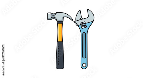 Essential construction tools including hammer and adjustable wrench are displayed together for home improvement and repair project concepts.