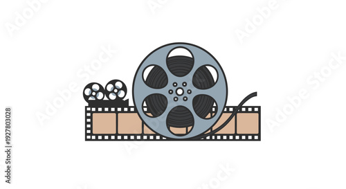 Cinematic production elements featuring large and small film reels placed on top of classic celluloid movie strip for video editing.