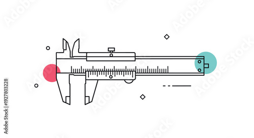 Precision measuring tool known as vernier caliper is displayed in technical line art style with colorful geometric accents for design.