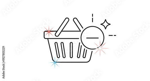 Online shopping icon features wire basket with negative symbol to indicate item removal or discount from customer digital cart.