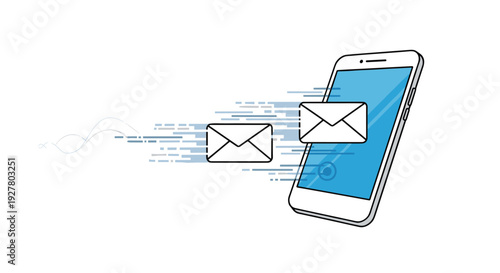 Mobile communication concept depicts several email envelopes flying quickly from smartphone screen symbolizing fast digital messaging and connectivity.