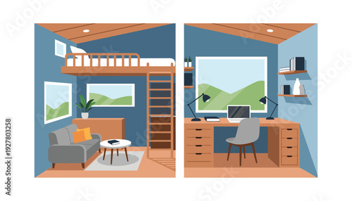 Modern loft bedroom with workspace and living area