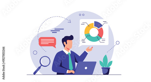 Business data analyst works on laptop while reviewing colorful pie chart for performance metrics and market research insights in modern office.