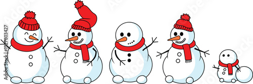 Cute cartoon snowman set with red hats and scarves, winter holiday character collection isolated on white background